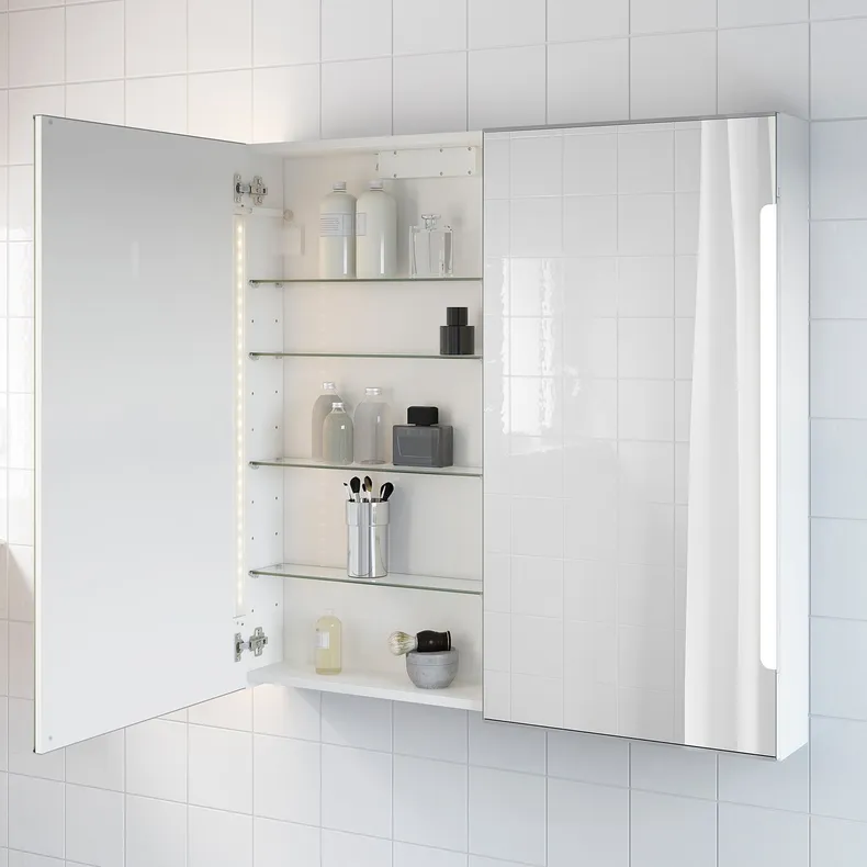 IKEA STORJORM СТОРЙОРМ, дзеркал шафа / 2 дверцят / вбуд підсвіт, білий, 100x14x96 см 202.481.18 фото №2