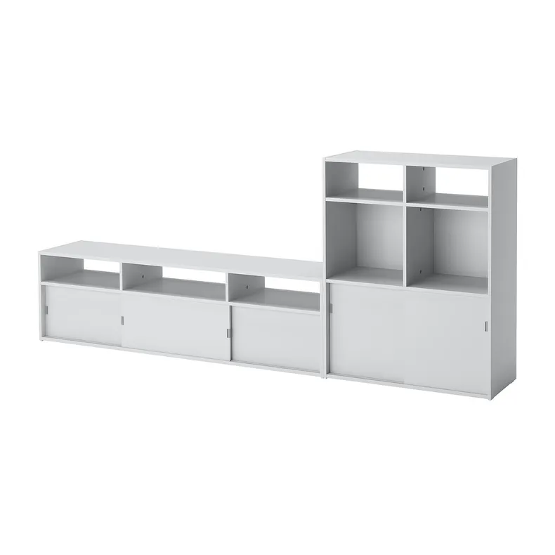 IKEA SPIKSMED СПІКСМЕД, комбінація шаф для телевізора, світло-сірий, 233x32x96 см 995.352.96 фото №1