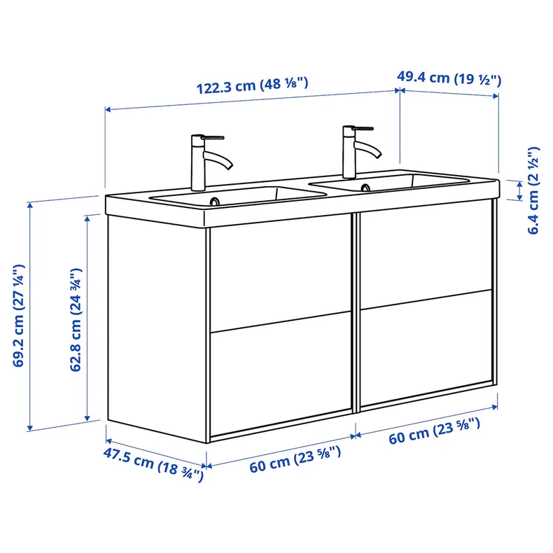 IKEA HAVBÄCK ХАВБЕК / ORRSJÖN ОРРШЕН, умивальник/раковина/змішувачі, білий, 122x49x69 см 695.285.32 фото №6