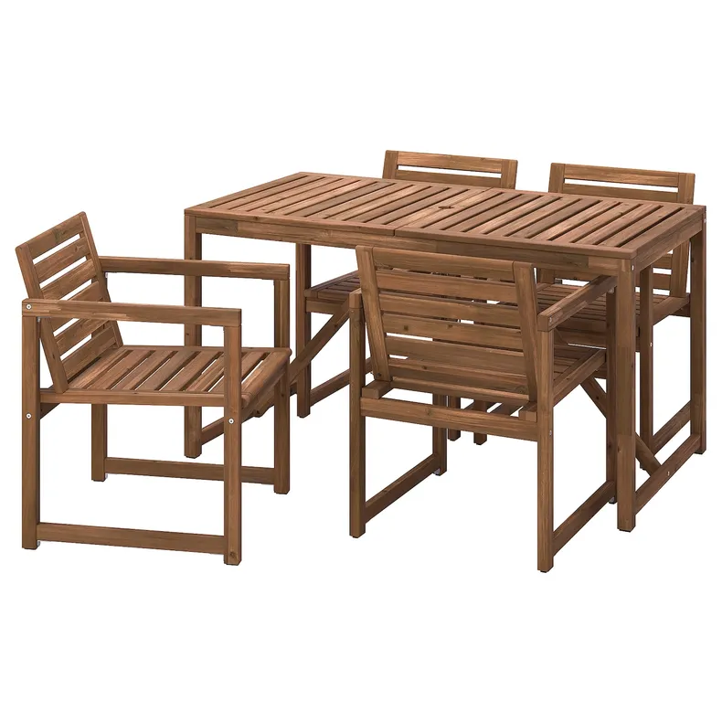 IKEA NÄMMARÖ НЕММАРЕ, стіл+4 крісла з підлокітн, вуличний, світло-коричнева морилка, 140 см 595.444.05 фото №1