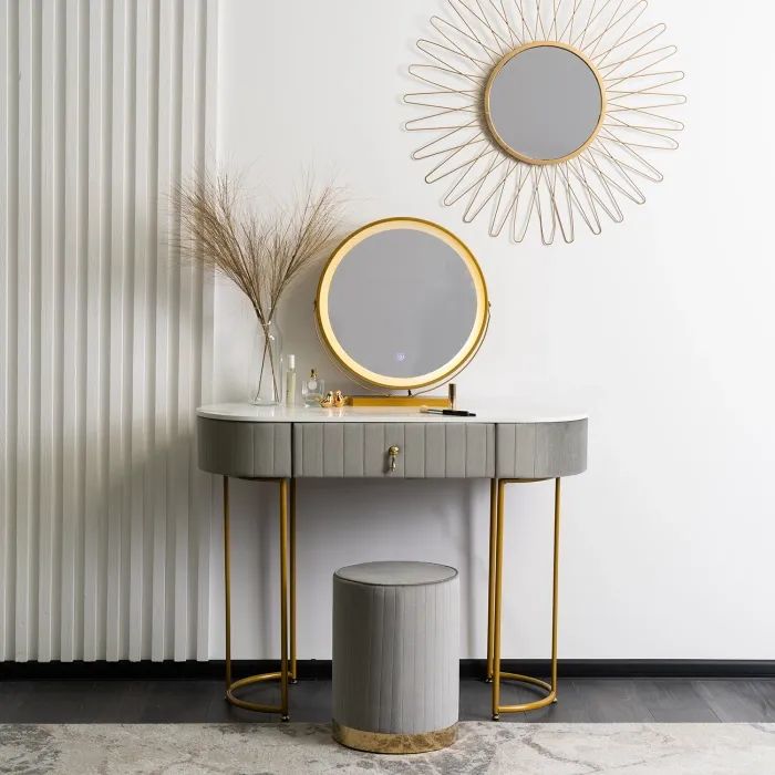Туалетный столик с пуфом MEBEL ELITE ASHLEY, серый / золотой фото №3