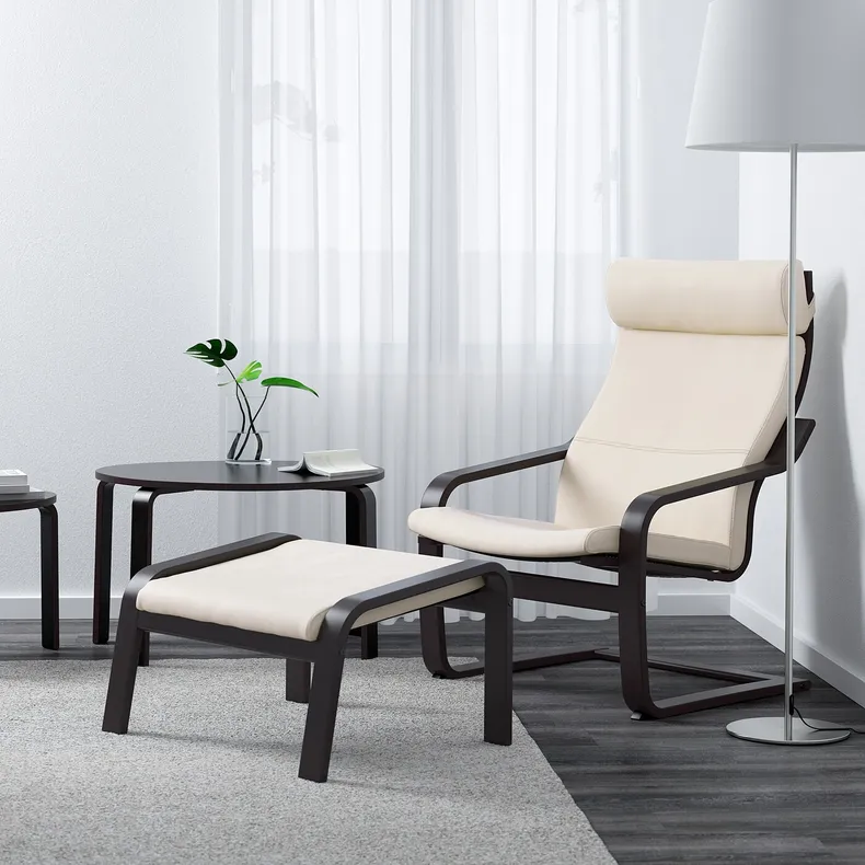 IKEA POÄNG ПОЕНГ, крісло та підставка для ніг, чорний / коричневий / глухий ламаний білий 395.510.72 фото №2