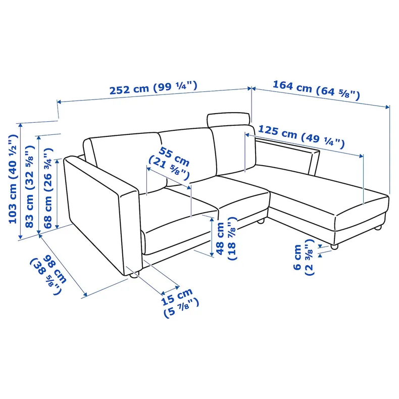 IKEA VIMLE ВІМЛЕ, 3-місний диван із кушеткою, з узголів'ям САКСЕМАРА/світло-синій 993.991.33 фото №8