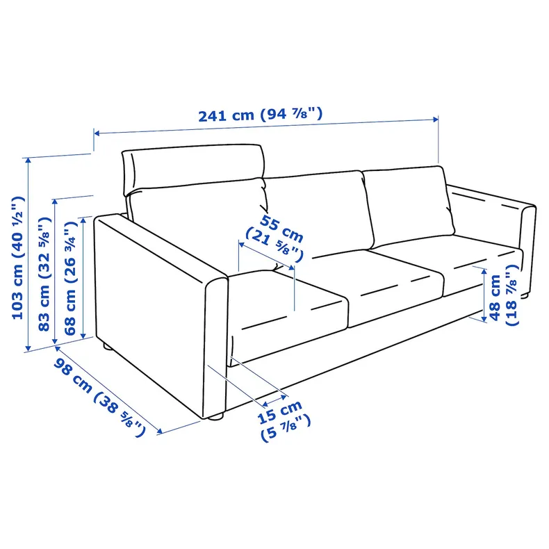 IKEA VIMLE ВІМЛЕ, 3-місний диван, з узголів'ям / САКСЕМАРА світло-синій 493.990.55 фото №7