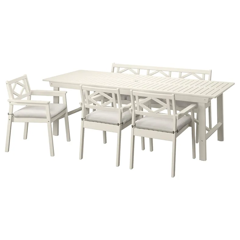 IKEA BONDHOLMEN БОНДХОЛЬМЕН, стіл+3 крісла з підлок+лав, вуличн, білий/бежевий/бежевий Фрессон/Дувхольмен 095.496.79 фото №1