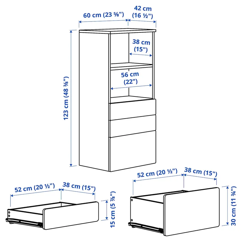 IKEA SMÅSTAD СМОСТАД / PLATSA ПЛАТСА, книжкова шафа, біло-сірий з 3 шухлядами, 60x42x123 см 794.205.26 фото №9