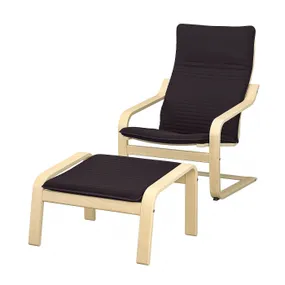 IKEA POÄNG ПОЭНГ, кресло с табуретом для ног, Окль береза / Книса черный 194.842.05 фото