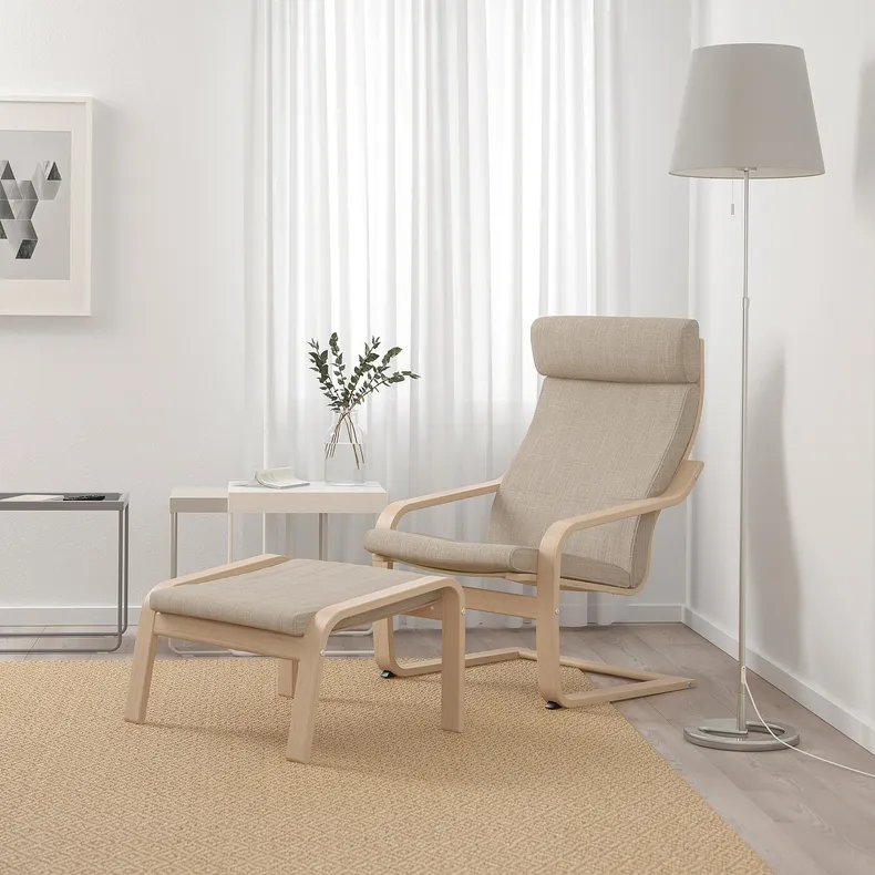 IKEA POÄNG ПОЭНГ, кресло с табуретом для ног, Шпон дуба, окрашенный в белый / бежевый цвет 494.842.75 фото №2