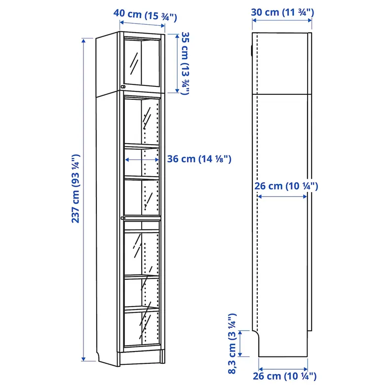 IKEA BILLY БІЛЛІ / OXBERG ОКСБЕРГ, книжк шафа зі склян двер / дод модул, чорний під дуб, 40x30x237 см 794.833.59 фото №7