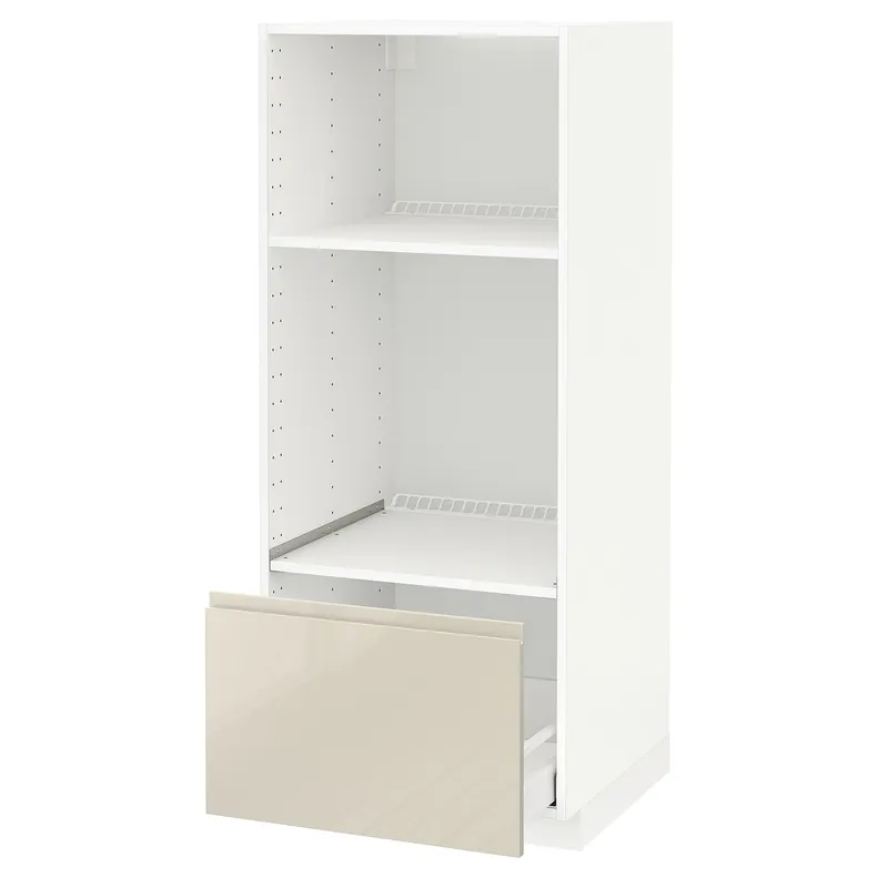 IKEA METOD МЕТОД / MAXIMERA МАКСИМЕРА, высокий шкаф с ящиком д / духовки / СВЧ, белый / светло-бежевый глянцевый Voxtorp, 60x60x140 см 991.436.32 фото №1