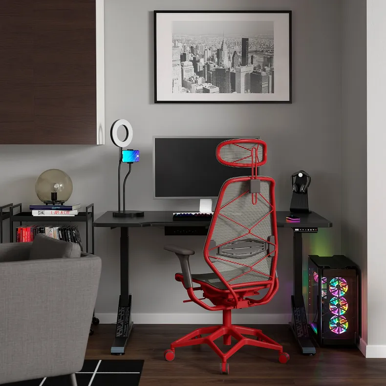IKEA UPPSPEL УППСПЕЛЬ / STYRSPEL СТИРСПЕЛЬ, геймерский стол и стул, черный серый/красный, 140x80 см 894.913.73 фото №2