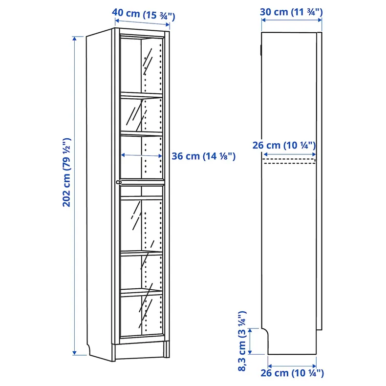 IKEA BILLY БІЛЛІ / OXBERG ОКСБЕРГ, книжкова шафа зі скляними дверцятам, темно-коричнева імітація дуб/прозоре скло, 40x30x202 см 295.818.28 фото №4