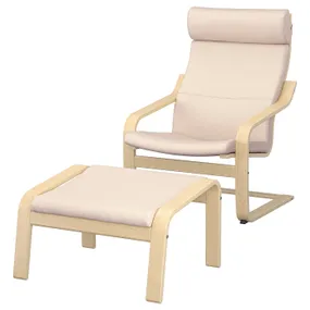 IKEA POÄNG ПОЭНГ, кресло с табуретом для ног, березовый шпон / Глосе белый с оттенком 795.510.70 фото