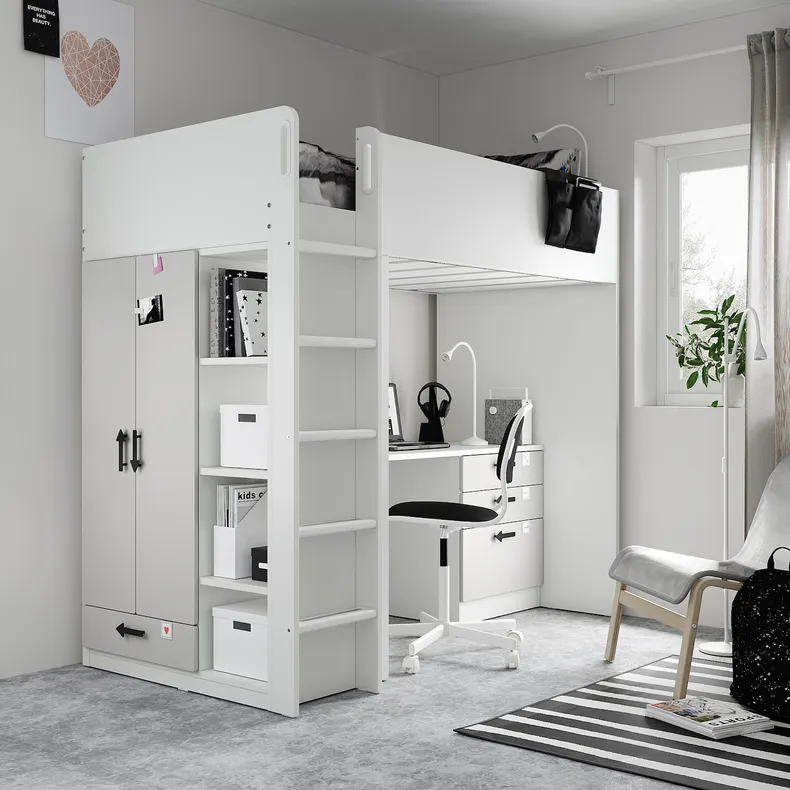IKEA SMÅSTAD СМОСТАД, ліжко-горище, біло-сірий з письмовим столом з 2 полицями, 90x200 см 695.202.58 фото №5