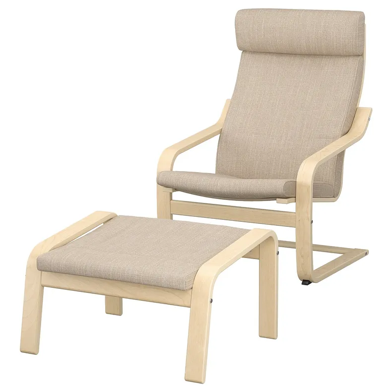 IKEA POÄNG ПОЕНГ, крісло та підставка для ніг, березовий шпон / ХІЛЛАРЕД бежевий 394.842.71 фото №1