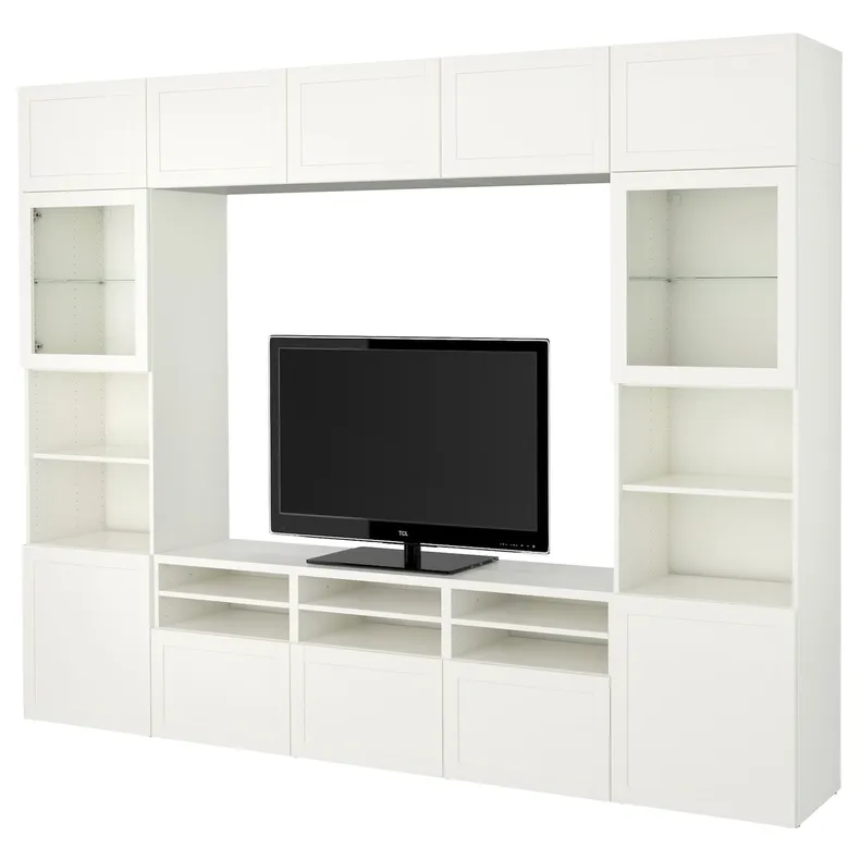 IKEA BESTÅ БЕСТО, шкаф для ТВ, комбин / стеклян дверцы, Белое / Ханвикенское белое прозрачное стекло, 300x42x231 см 494.112.41 фото №1