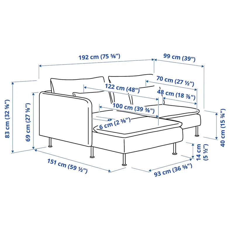 IKEA SÖDERHAMN СЕДЕРХАМН, 2-місний диван, з шезлонгом з підлокітником / бежевий 294.305.80 фото №5