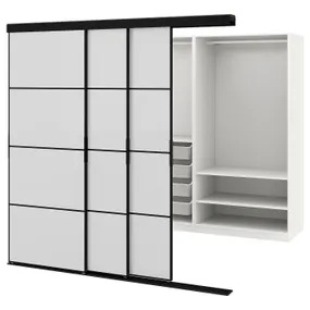 IKEA SKYTTA СКЮТТА / PAX ПАКС, гардеробная с раздвижными дверями, черный / Хокксунд светло-серый глянцевый, 226x160x205 см 295.281.38 фото