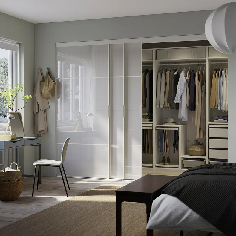 IKEA SKYTTA СКЮТТА / PAX ПАКС, гардероб із розсувними дверцятами, білий Hokksund / глянцевий світло-сірий, 301x160x240 см 695.230.11 фото №4