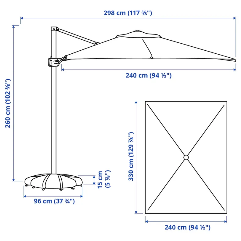 IKEA SEGLARÖ / IGGÖN, зонт, подвесной с подставкой, Антрацит/темно-серый, 330x240 см 795.762.21 фото №2