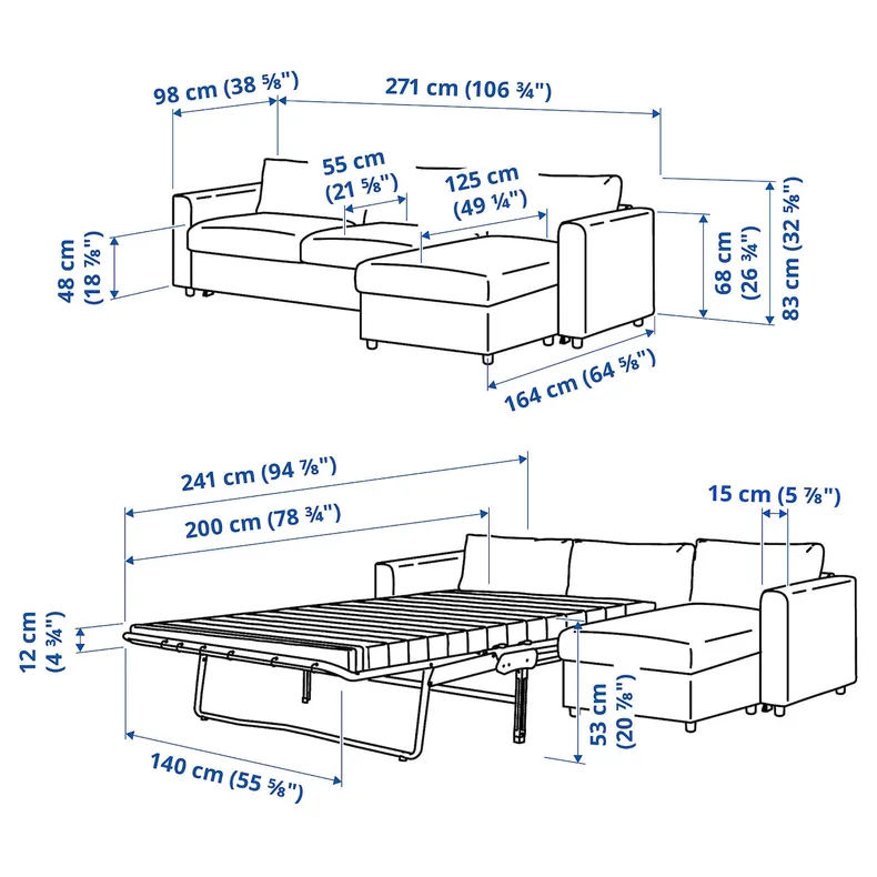 IKEA VIMLE ВИМЛЕ, 3-местный диван-кровать с козеткой, Саксемара светло-голубая 995.372.19 фото №11