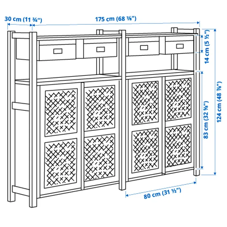 IKEA IVAR ИВАР, 2 секции / полки / шкафы, сосна / черная сетка, 175x30x124 см 495.080.97 фото №5