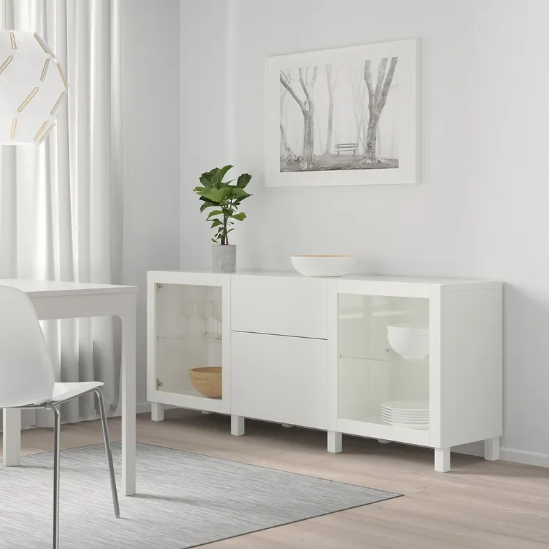 IKEA BESTÅ БЕСТО, модуль для зберігання із шухлядами, білий ЛАППВІКЕН / СІНДВІК / СТУББАРП білий прозоре скло, 180x42x74 см 294.126.75 фото №6