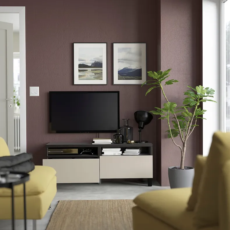 IKEA BESTÅ БЕСТО, тумба для телевізора з шухлядами, чорний / коричневий / Lappviken / Stubbarp світло-сірий / бежевий, 120x42x48 см 994.200.16 фото №2