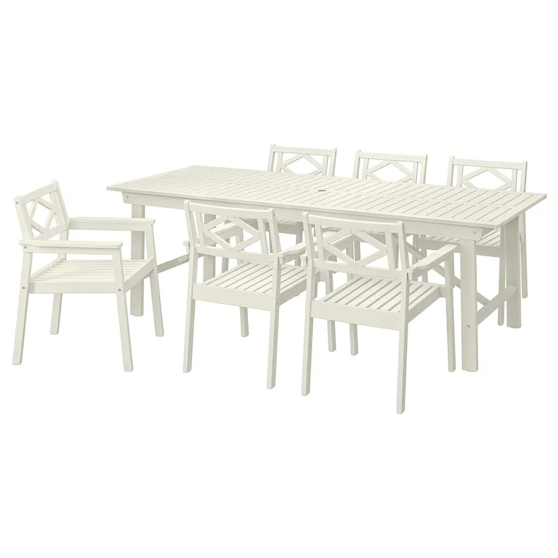 IKEA BONDHOLMEN БОНДХОЛЬМЕН, стіл+6 крісел із підлокіт/вуличний, білий/бежевий 495.511.80 фото №1