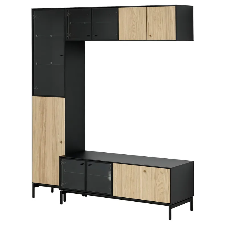 IKEA BOASTAD БУАСТАД, шкаф для ТВ, комбинация, чёрный / глазчатый дуб, 163x42x185 см 595.352.22 фото №1