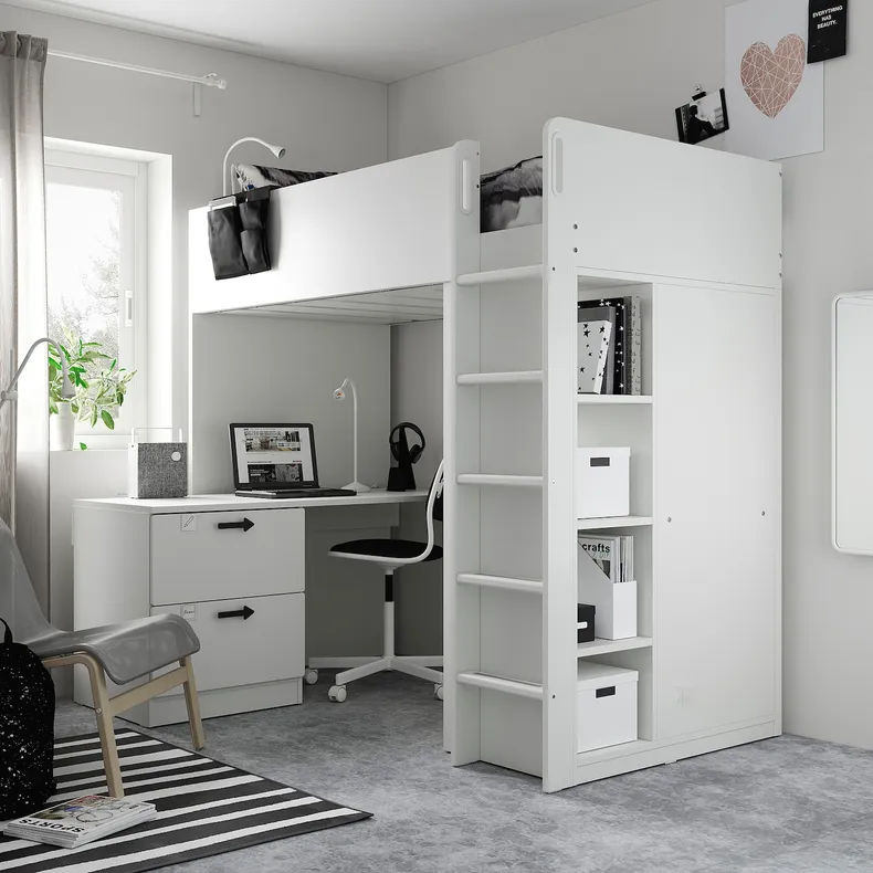 IKEA SMÅSTAD СМОСТАД, кровать-чердак, белый с письменным столом с 3 ящиками, 90x200 см 594.288.73 фото №2