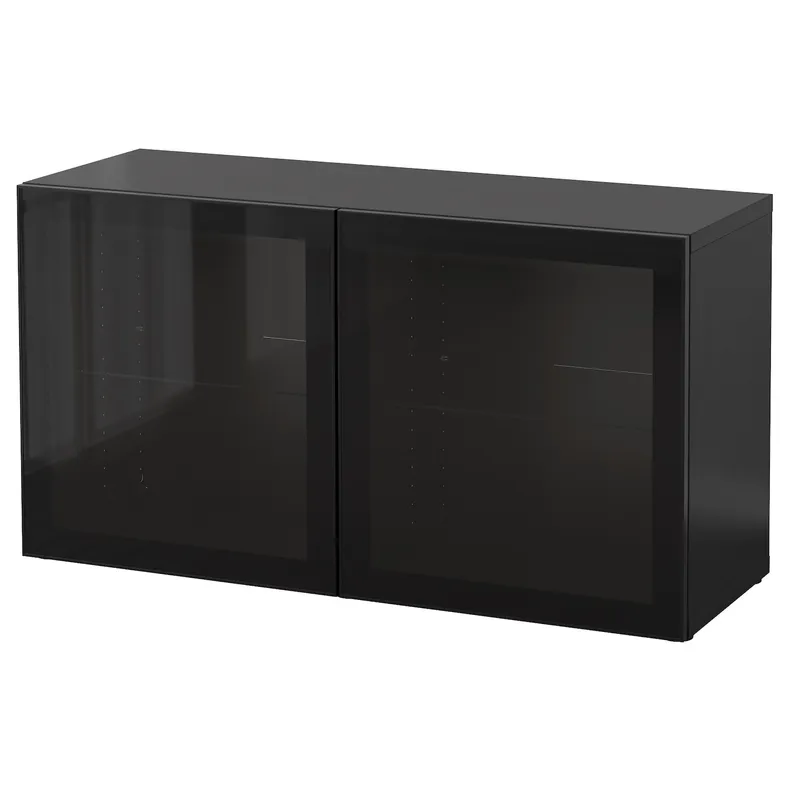 IKEA BESTÅ БЕСТО, стеллаж со стеклянн дверьми, черный / коричневый / глассвик черный / прозрачное стекло, 120x42x64 см 190.477.57 фото №1