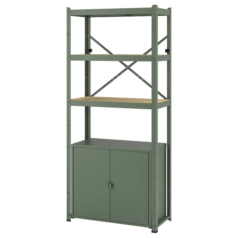 IKEA BROR БРУР, стеллаж с 1 шкафчиком, серо-зеленая / сосновая фанера, 85x40x190 см 895.161.42 фото №1