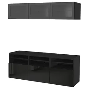 IKEA BESTÅ БЕСТО, комбінація шаф для тв / скляні дверц, чорно-коричневий / глянцевий сельвікен / чорне прозоре скло, 180x42x192 см 994.072.08 фото