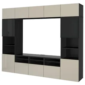 IKEA BESTÅ БЕСТО, шкаф для ТВ, комбин / стеклян дверцы, черный / коричневый / сельсвикенский глянец / бежевые тонированные стекла, 300x42x231 см 194.110.30 фото