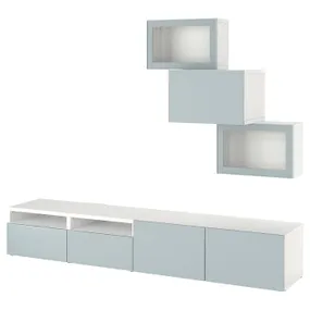 IKEA BESTÅ БЕСТО, комбінація шаф для тв/скляні дверц, білий Glassvik/Selsviken світло-сірий синій, 240x42x190 см 494.213.82 фото