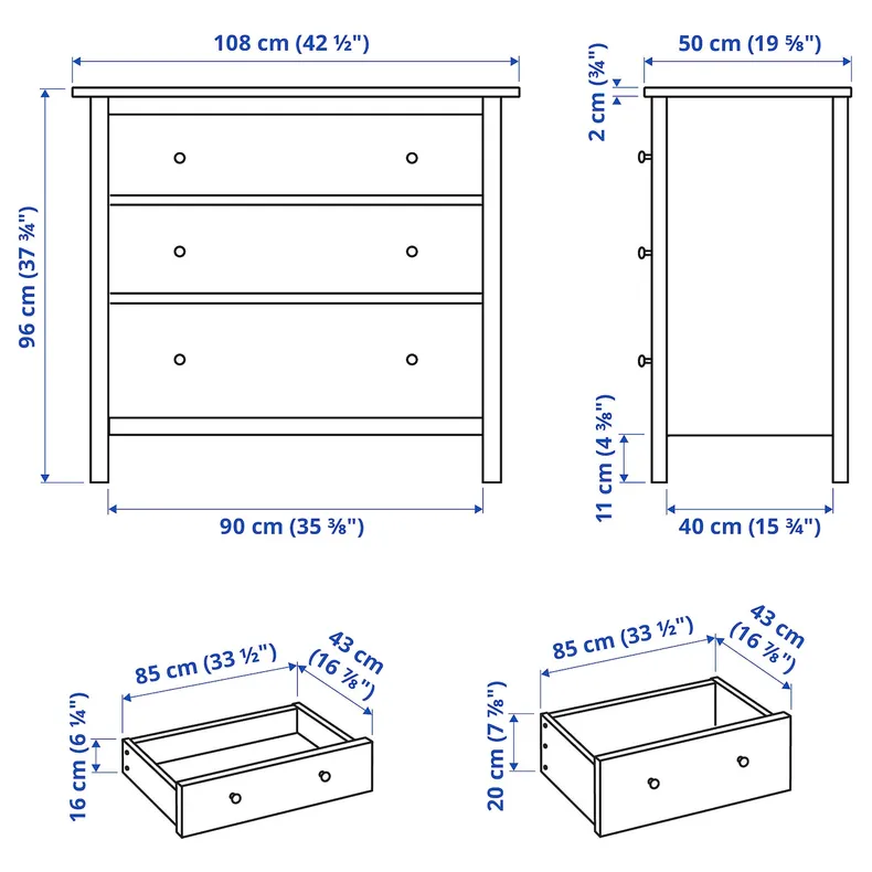 IKEA HEMNES ХЕМНЕС, комод із 3 шухлядами, синя пляма, 108x96 см 305.739.50 фото №6