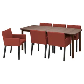 IKEA STRANDTORP СТРАНДТОРП / MÅRENÄS МОРЕНЭС, стол и 6 стульев, коричнево-черный / рыже-коричневый, 150 / 205 / 260 см 895.188.34 фото