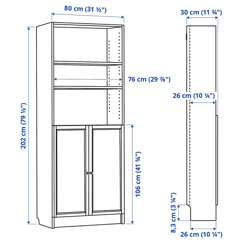 IKEA BILLY БИЛЛИ / OXBERG ОКСБЕРГ, стеллаж с дверьми, темно-коричневая имитация дуб, 80x30x202 см 294.833.66 фото №7