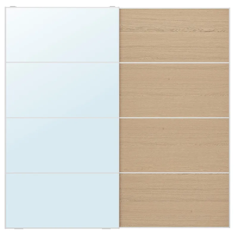 IKEA AULI АУЛІ / MEHAMN МЕХАМН, розсувні дверцята, 2 шт., дзеркало / 2шт дуб вітраж біле скло прозоре, 200x201 см 594.379.95 фото №1