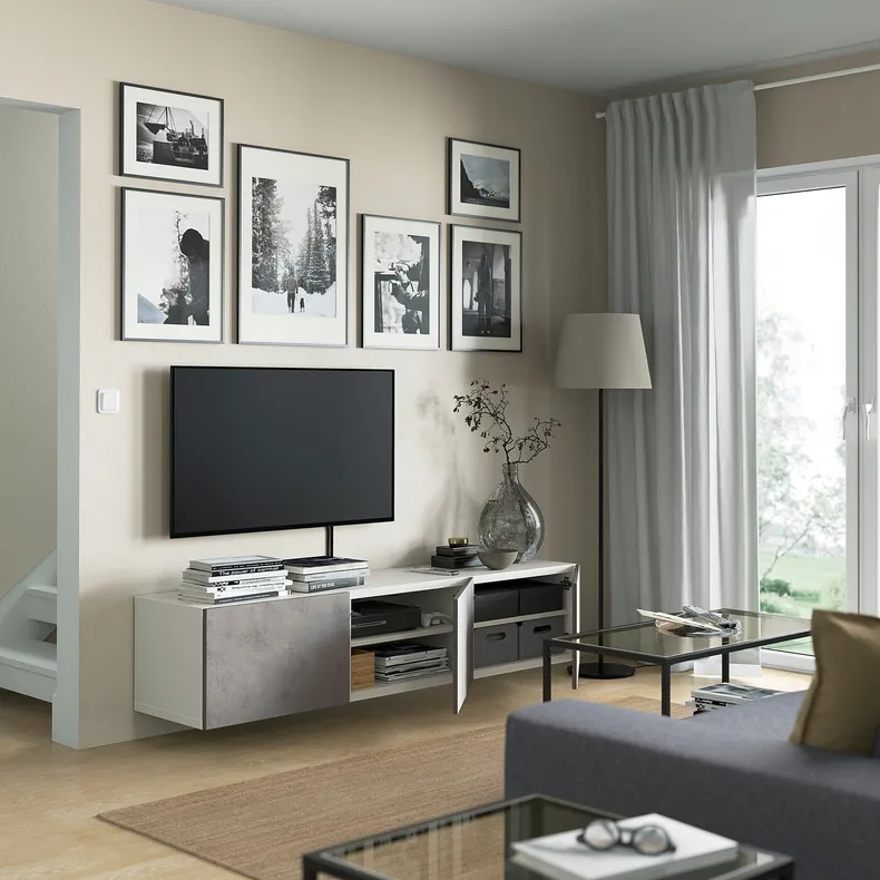 IKEA BESTÅ БЕСТО, тумба для телевізора з дверцятами, білий / КАЛЛЬВІКЕН світло-сірий, 180x42x38 см 394.217.97 фото №2