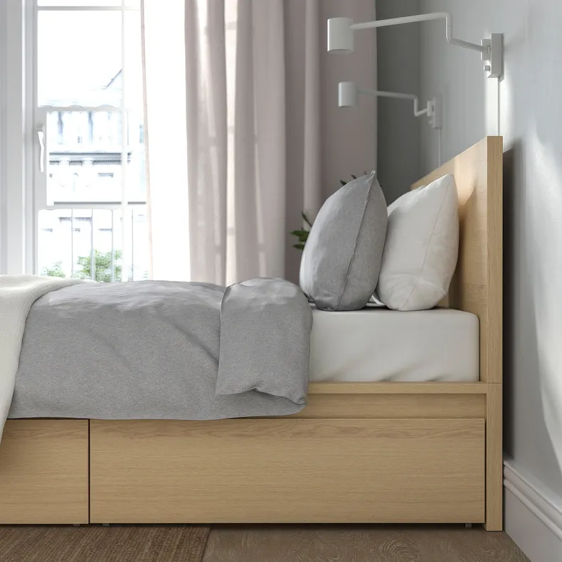 IKEA MALM МАЛЬМ, каркас кровати+2 кроватных ящика, дубовый шпон, беленый / Лурой, 160x200 см 191.765.89 фото №6