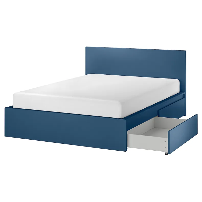 IKEA MALM МАЛЬМ, каркас кровати с 4 ящиками, синий/Лёнсет, 140x200 см 695.599.86 фото №1