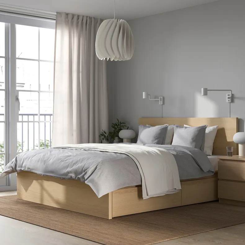 IKEA MALM МАЛЬМ, каркас ліжка, високий, 4 крб д / збер, шпон дуба білого мореного / Ліндбоден, 140x200 см 794.950.17 фото №2