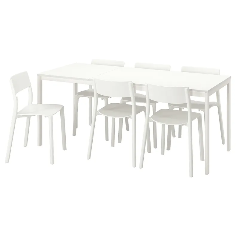 IKEA VANGSTA ВАНГСТА / JANINGE ЯНІНГЕ, стіл+6 стільців, білий / білий, 120 / 180 см 094.830.32 фото №1