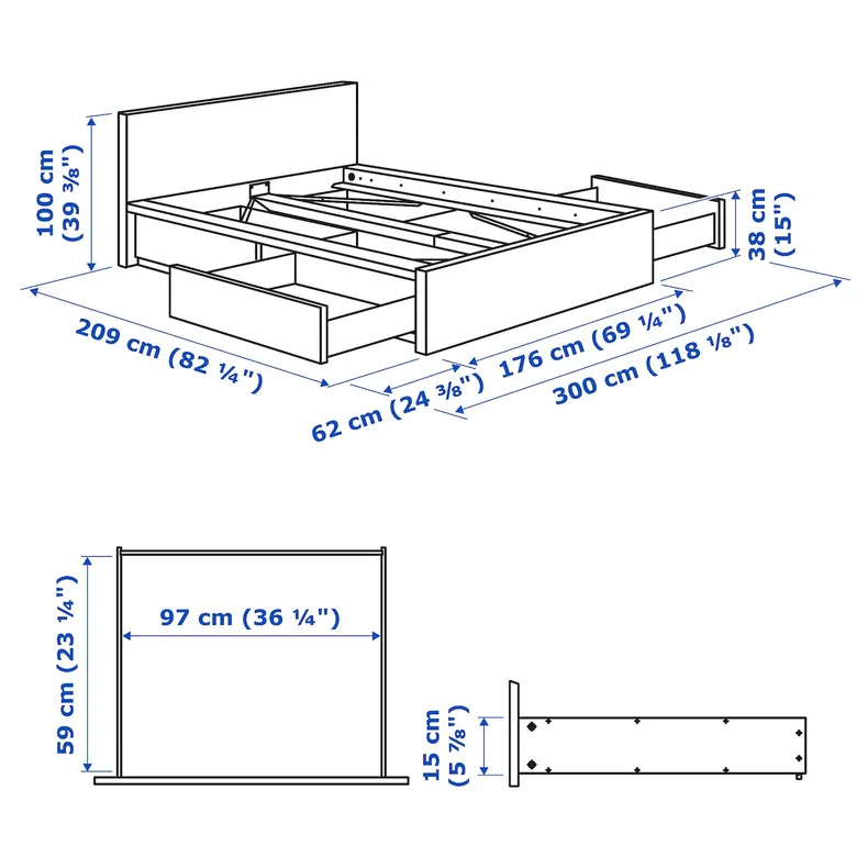 IKEA MALM МАЛЬМ, каркас ліжка, високий, 4 крб д/збер, синій/Lönset, 160x200 см 895.599.47 фото №11