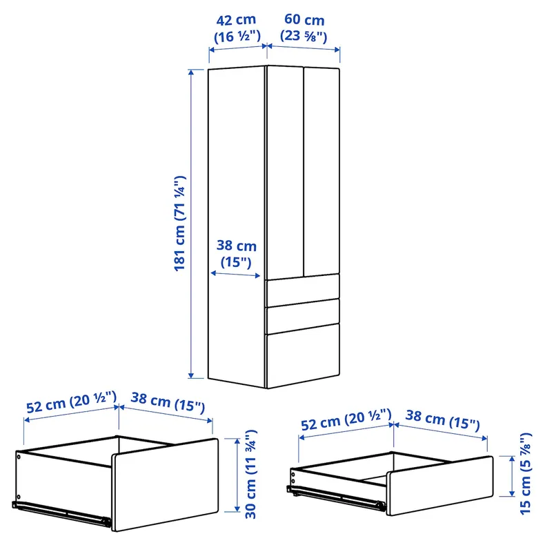 IKEA SMÅSTAD СМОСТАД / PLATSA ПЛАТСА, гардероб, белый с 3 ящиками, 60x42x181 см 694.262.08 фото №7