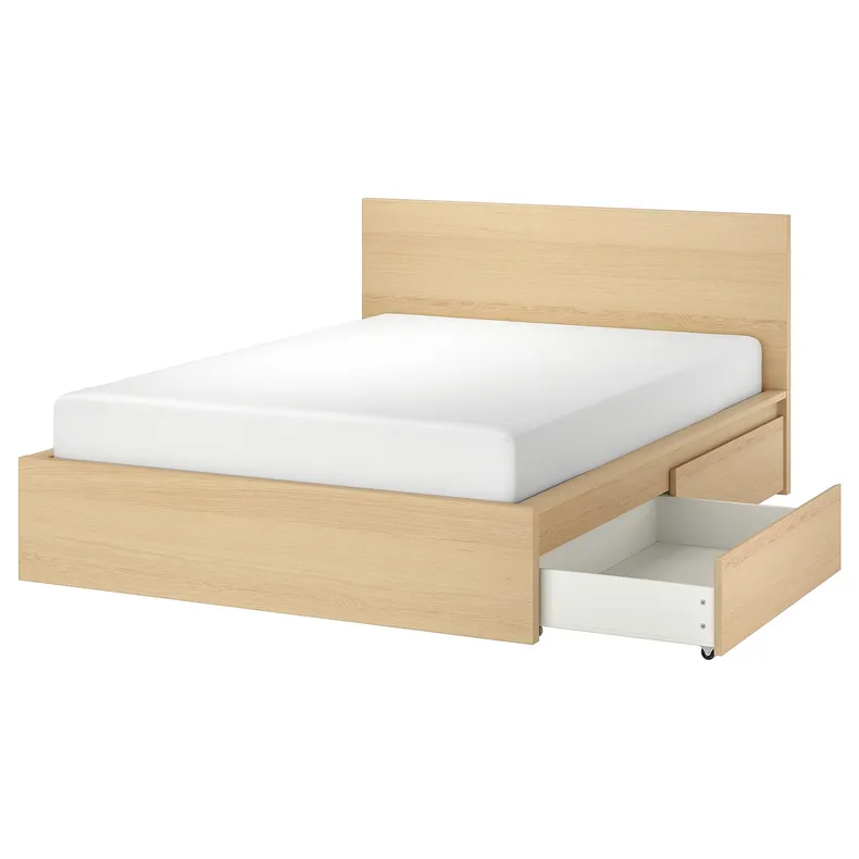 IKEA MALM МАЛЬМ, каркас кровати+2 кроватных ящика, дубовый шпон, беленый / Лонсет, 160x200 см 291.766.02 фото №1