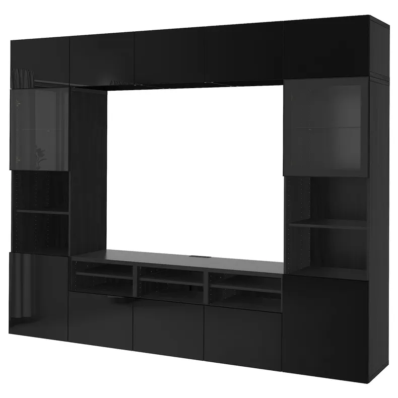 IKEA BESTÅ БЕСТО, комбінація шаф для тв / скляні дверц, чорно-коричневий / глянцевий сельвікен / чорне прозоре скло, 300x42x231 см 194.110.25 фото №1