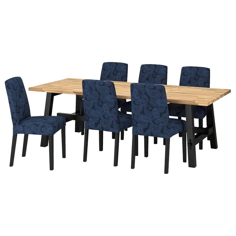 IKEA SKOGSTA СКОГСТА / BERGMUND БЕРГМУНД, стол и 6 стульев, Акация / Квилсфорс темно-синий / синий черный, 235x100 см 295.701.70 фото №1